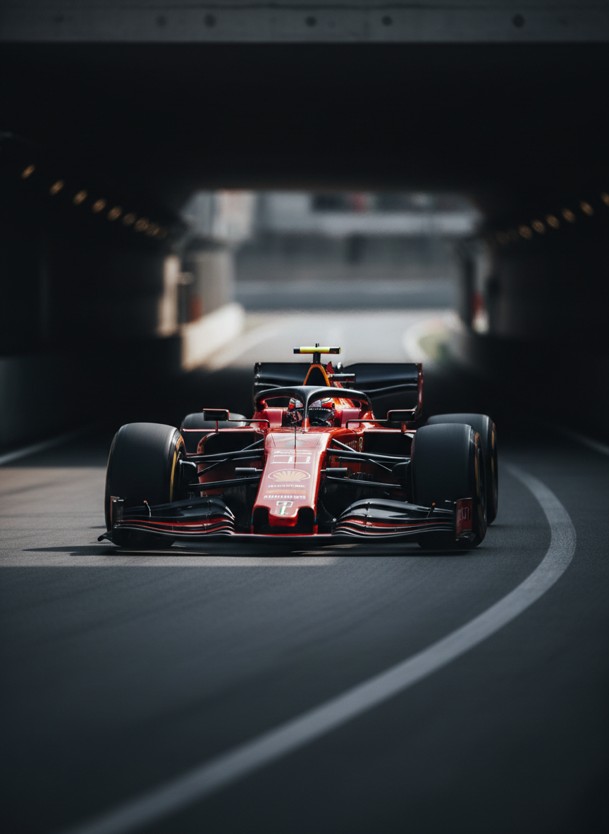 A gleaming modern Formula 1 car in vibrant red and black livery, captured in razor-sharp photographic realism as it bursts out of a dark tunnel onto a minimalist, matte-black racetrack. The chassis surfaces reflect sharp highlights, while high-impact, directional lighting from the right carves crisp shadows under the front wing and sculpted sidepods. The background is stripped down to simple, blurred concrete walls and a faint racing line, emphasizing raw speed and power. Shot from a low, three-quarter front angle with a long lens, the car dominates the frame, nose slightly off-center following the rule of thirds. The mood is bold, intense, and adrenaline-charged, perfectly suited for a cutting-edge Formula 1 blog header image.