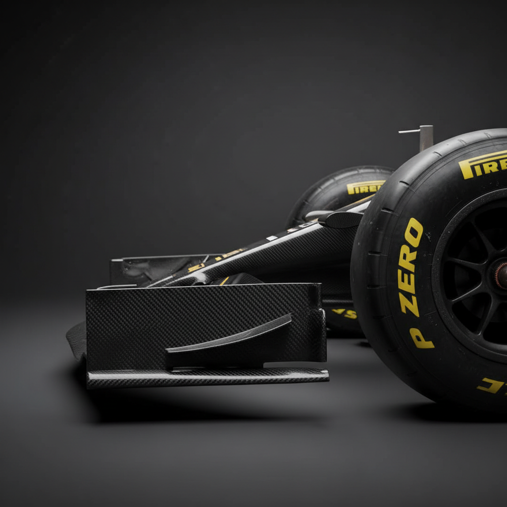 A close-up, ultra-detailed photographic shot of a Formula 1 car’s front wing and Pirelli slick tyre, filling most of the frame. Intricate carbon-fiber weave glistens under hard, directional studio lighting, with crisp shadows emphasizing every aerodynamic element and endplate cut-out. The tyre surface shows subtle marbling and faint rubber debris, hinting at recent high-speed laps. The background is a minimalist gradient from deep charcoal to black, with no distractions. Captured from a low, side-on macro perspective with shallow depth of field, the leading edge of the wing is razor sharp while the suspension components fade into gentle blur. The mood is technical, bold, and analytical, ideal for illustrating in-depth engineering and setup articles.